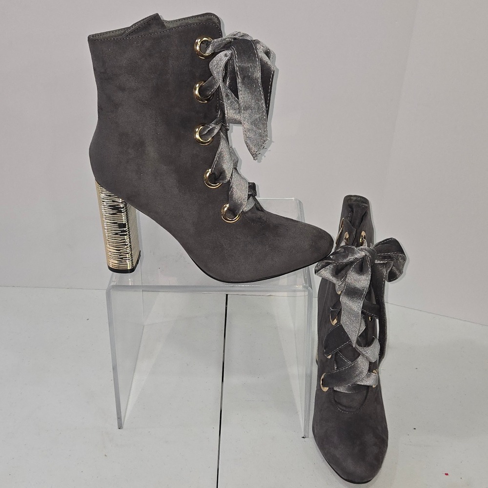 X2B Womens Grey Faux Suede Ribbon Lace Up Gold Block Heel Ankle Boots Size 9